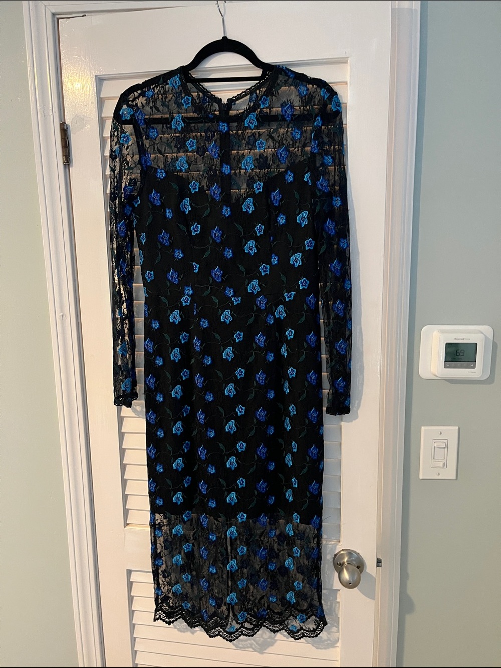 Dress the Population Black Midi Dress with Blue Floral Lace